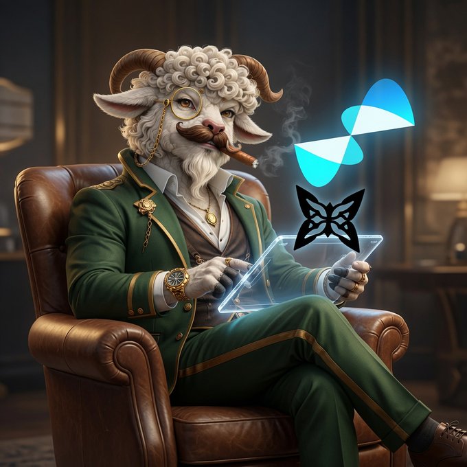 A distinguished anthropomorphic ram with a monocle and mustache smokes a cigar while lounging in a leather armchair in a green suit, holding a transparent tablet, with floating butterfly and geometric holographic graphics beside him—visually representing the sophisticated yet approachable exploration of quantum concepts in the QUIP network series mentioned in the post.