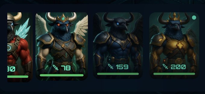Four fantasy warrior character cards are displayed in a row, showing bull-horned figures with glowing swords indicating training values of 30, 78, 159, and 200. The image illustrates the poster's CROBULL Raiders and Commanders at various stages of training, with the low numbers confirming their minimal or untouched training status.
