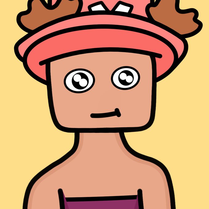 A simple cartoon character with brown skin, big round eyes, and a small smile wears a pink visor and pink top against a yellow background.
