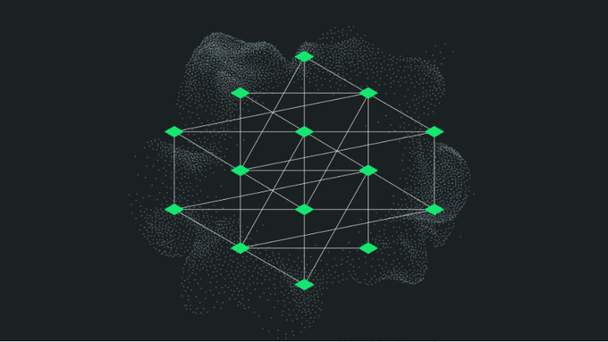 An abstract digital graphic depicting a neural network or blockchain structure with glowing green nodes connected by white lines over a dark, textured background.