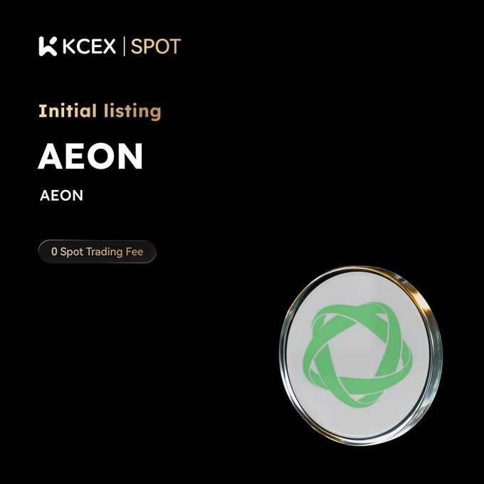 A promotional graphic for KCEX SPOT exchange announcing an 'Initial listing' of 'AEON' token with '0 Spot Trading Fee,' featuring a circular coin emblem with a green knot-like design.