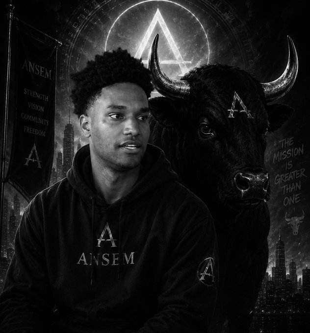A black and white promotional-style image featuring a young man wearing an 'ANSEM' hoodie next to a bull, with a banner reading 'ANSEM - STRENGTH VISION COMMUNITY FREEDOM' and text 'The mission is greater than one'.