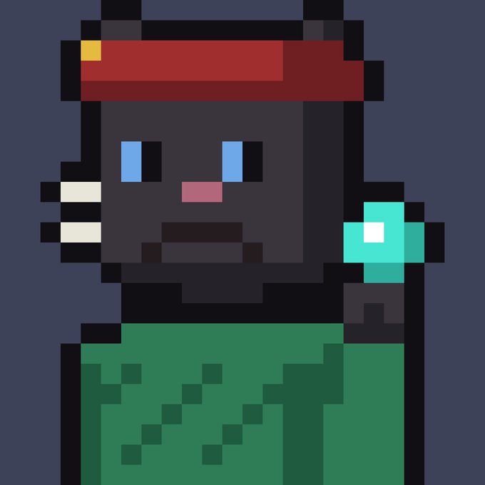 A pixel art character with a dark face, blue eyes, red headband, and a bandage on its cheek wears green clothing and holds a glowing cyan crystal.