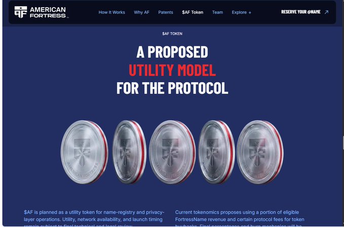 A webpage for American Fortress promoting the '$AF TOKEN' as 'A PROPOSED UTILITY MODEL FOR THE PROTOCOL,' featuring five silver coins embossed with a cross emblem.