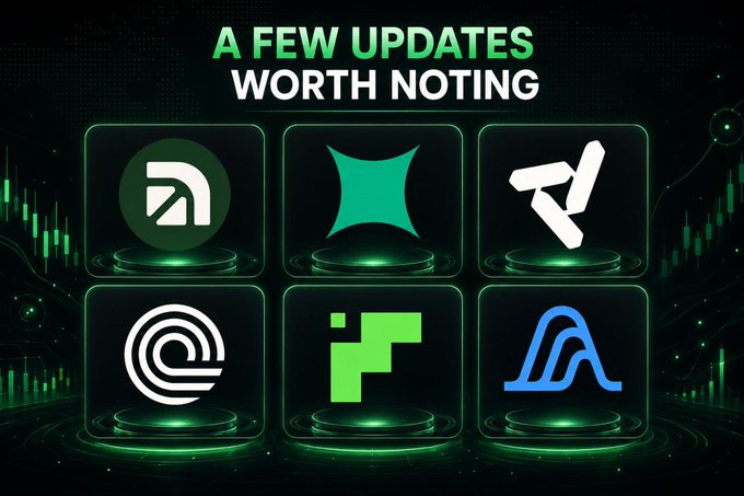 A promotional graphic titled "A FEW UPDATES WORTH NOTING" displays six crypto/tech project logos arranged in a grid on a dark green background with candlestick chart imagery.