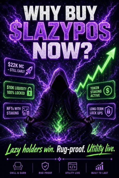A promotional graphic titled 'WHY BUY $LAZYPOS NOW?' featuring a hooded figure surrounded by lightning, highlighting features like '$22K MC - STILL EARLY', '$10K LIQUIDITY 100% LOCKED', 'NFTS WITH STAKING', and 'TOKEN STAKING ACTIVE', with the tagline 'Lazy holders win. Rug-proof. Utility live.'