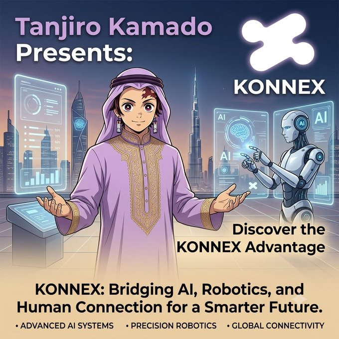 A promotional graphic featuring an anime-style character in traditional Arab dress labeled 'Tanjiro Kamado Presents: KONNEX,' with the tagline 'KONNEX: Bridging AI, Robotics, and Human Connection for a Smarter Future.'