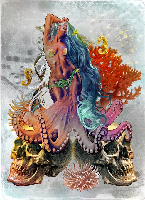 The image features a digital collage of two skulls with tentacles attached to them, surrounded by sea creatures such as octopuses and starfish. The background includes a grayish-blue color scheme that complements the overall composition. The text "Cecaelia" is written in white letters above the skull on the left side, while "Trust me not. I am tide‑born, the pull beneath your feet, the dance upon your quiet bones." is written below the skull on the right side of the image.