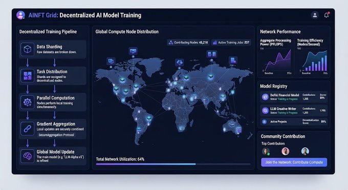 A dashboard titled 'AINFT Grid: Decentralized AI Model Training' showing a global compute node distribution map, decentralized training pipeline, network performance metrics, and model registry with entries for 'DeFi's Financial Model' and 'LLM Creative Writer'.