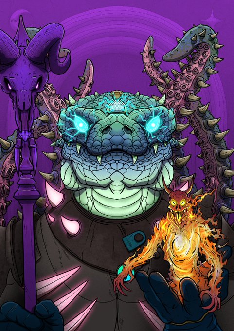A fantasy illustration of a reptilian warrior with glowing blue eyes, wearing spiked armor and holding a staff, with a fiery creature in his other hand.