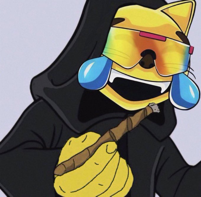 A cartoon yellow cat character wearing a black cloak, orange and yellow sunglasses, and blue tear drops, holding a wrapped stick.