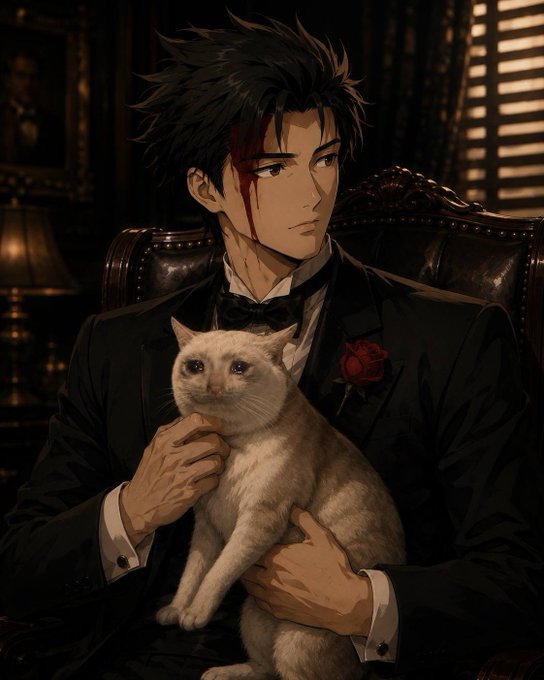 A disheveled anime-style man in a tuxedo with a bloodied forehead cradles a cream-colored cat against his chest in a dimly lit, opulent room, evoking the chaotic luxury and meme-worthy absurdity of the "$CASHCAT" crypto coin mascot.