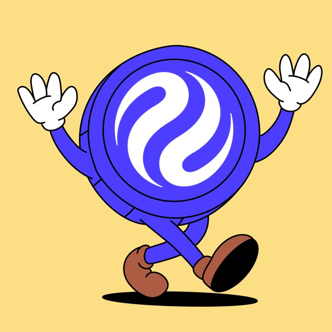 A cartoon-style blue coin character with a white 'S'-like swirl in the center waves cheerfully while walking, wearing brown shoes against a pale yellow background.