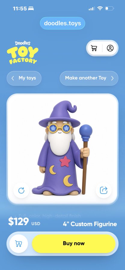 A mobile screenshot from doodles.toys featuring a 3D-rendered purple wizard figurine with star glasses and a star-decorated robe, priced at $129 USD.