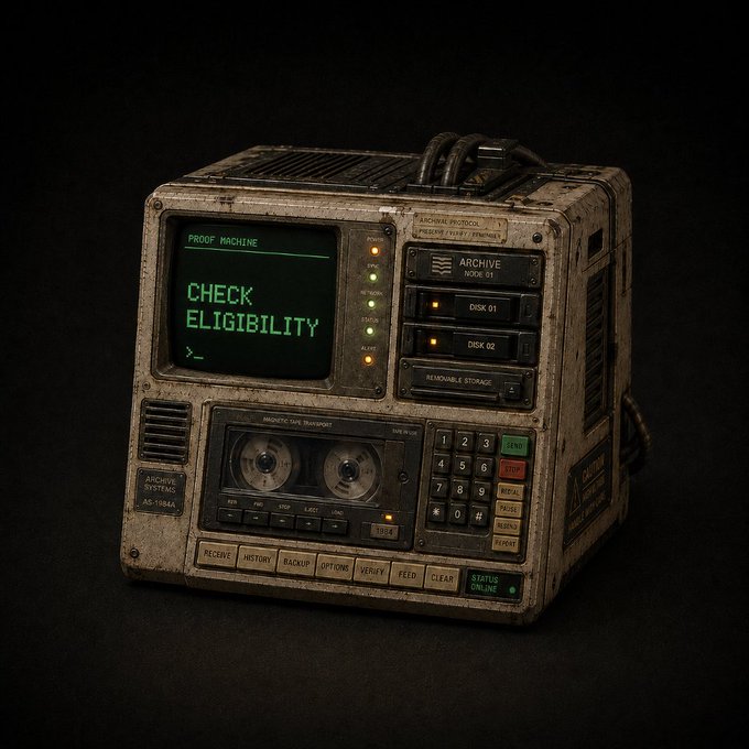 A weathered, retro-futuristic computer terminal labeled "PROOF MACHINE" displays "CHECK ELIGIBILITY" on its green monochrome screen, alongside "ARCHIVE NODE 01" disk drives, perfectly capturing the cyberpunk aesthetic of the whitelist status update and mint countdown announcement.