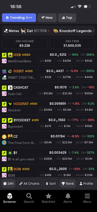 A mobile app screenshot showing a crypto token screener with 'Trending 6H' selected, displaying tokens like WSE (WallStreetBets), RIBBIT, CASHCAT, HOODRAT, and BYCOCKET, with metrics for 24H volume, price changes, and market cap.