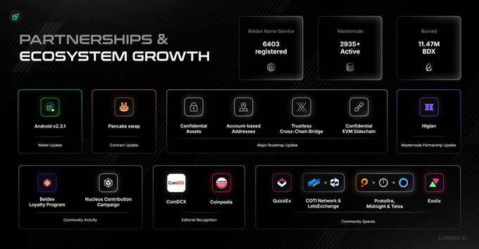 A dark-themed dashboard displays 'PARTNERSHIPS & ECOSYSTEM GROWTH' with various metrics including 'Beldex Name Service 6403 registered', 'Mastermode 2935+ Active', and 'Burned 11.47M BDX'.