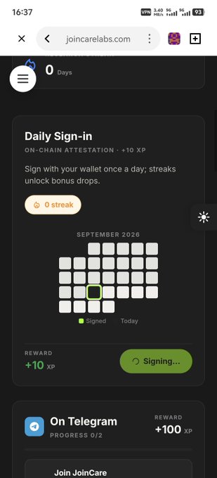 The image shows a "Daily Sign-in" interface from the JoinCare Labs (joincarelabs.com) Quest Center, featuring a September 2026 calendar with a green "Signed" indicator on one day, a "0 streak" badge, and a "+10 XP" reward button currently displaying "Signing..." This illustrates the low-barrier, daily check-in task system mentioned in the post about TheJoinCare DeSci project's early-stage Quest Center rewards.