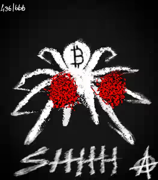 A dark, gritty illustration of a white spider with a Bitcoin 'B' symbol on its body and red web patterns, with graffiti-style text 'SHHH' at the bottom.