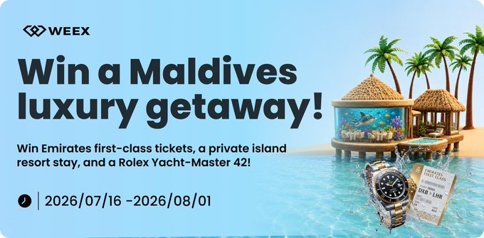A WEEX promotional banner advertises a "Win a Maldives luxury getaway!" contest running from 2026/07/16 to 2026/08/01, featuring prizes like Emirates first-class tickets, a private island resort stay, and a Rolex Yacht-Master 42, with imagery showing an overwater bungalow, the watch, and a first-class airline ticket—directly matching the post's mention of these lavish giveaway items.