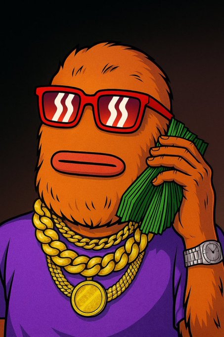 A vibrant cartoon illustration of an orange furry character wearing red sunglasses, gold chains, and a purple shirt, holding a fan of cash while wearing a luxury watch.