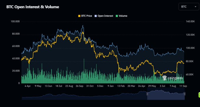A BTC Open Interest & Volume chart from Coinglass showing BTC price in yellow, Open Interest in blue, and Volume in green from April to September.