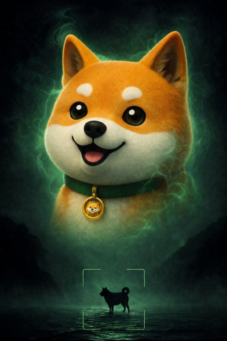 A stylized Shiba Inu (BabyDoge mascot) wearing a green collar with a golden dog-tag medallion floats amid glowing green mist, while a silhouetted figure of the dog stands framed below in a dark, mystical landscape—symbolizing loyalty and resilience through both hardship and triumph, mirroring the post's message of steadfast commitment to $BABYDOGE.