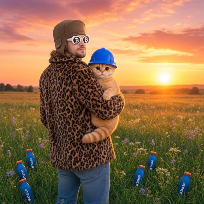 A man in a leopard print hoodie and Bitcoin sunglasses holds an orange tabby cat wearing a blue hard hat in a field at sunset, with blue bottles labeled "base" scattered around them. The whimsical "Base" branded scene visually embodies the post's bullish sentiment on $BASECAT, using the cat mascot and construction imagery to suggest that Base will build up (not dump) their signature cat token post-listing.