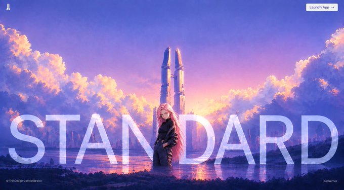 A promotional banner for a crypto project featuring a woman standing before a rocket launch against a pink and purple cloudy sky, with 'STANDARD' overlaid in large text and a 'Launch App' button in the corner.