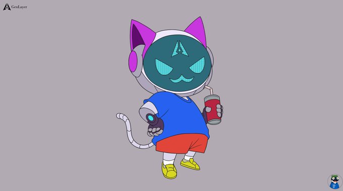 A cartoon character illustration shows a figure with a teal cat-face mask, pink cat ears, a blue shirt, red shorts, and yellow shoes holding a drink and a toy gun.