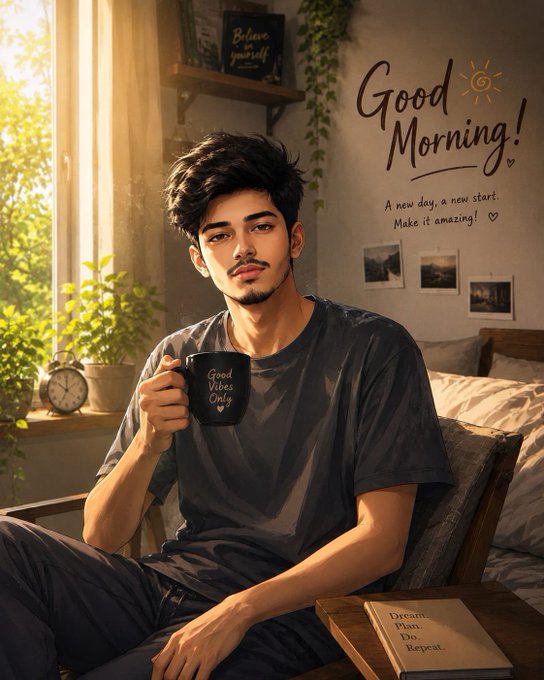 AI-generated digital artwork of a young man holding a 'Good Vibes Only' mug in a cozy room, with 'Good Morning! A new day, a new start. Make it amazing!' written on the wall.