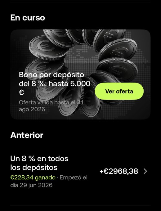 A promotional screenshot from OKX advertising an 8% deposit bonus up to €5,000, valid until August 31, 2026, shown under "En curso" (Ongoing), with a prior entry below titled "Un 8 % en todos los depósitos" that started June 29, 2026 and has already earned €228.34 of a potential €2,968.38 reward.