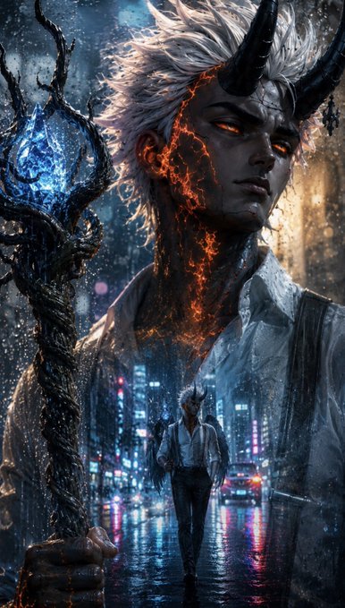 A dark fantasy digital artwork features a male figure with white hair, black horns, and glowing orange cracks on his dark skin, holding a staff with a blue glowing orb, while a smaller figure in a white shirt walks through a neon-lit rainy city below.