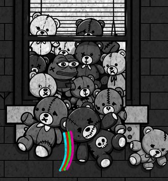 A dark, monochromatic illustration shows numerous worn teddy bears with stitched faces crowded into a window frame against a brick wall.
