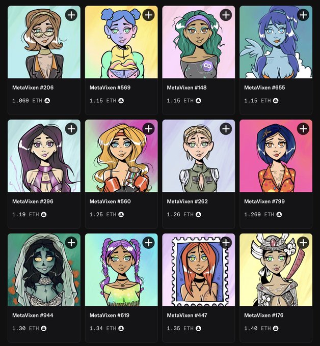 A grid of 12 MetaVixen NFT character cards (e.g., #206, #569, #148, #555, #296, #560, #262, #799, #944, #619, #447, #176) priced between 1.069 ETH and 1.40 ETH.