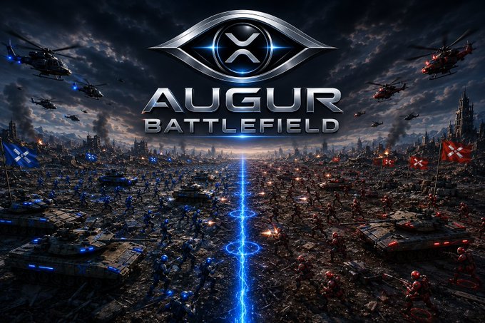 Promotional artwork for 'AUGUR BATTLEFIELD' showing two opposing armies—one in blue with armored vehicles and helicopters, the other in red—facing off across a battlefield divided by a glowing blue energy line.