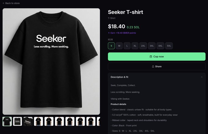 An online store page displays a black 'Seeker' T-shirt with the slogan 'Less scrolling. More seeking.' priced at $18.40 (0.23 SOL), available in sizes S through 5XL.
