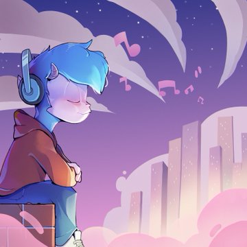 A cartoon illustration of a blue-skinned character with pointed ears, wearing headphones and a brown hoodie, sitting and listening to music against a purple and pink city skyline with floating musical notes.