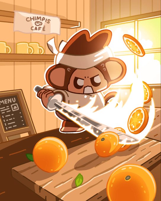 Cartoon illustration from 'CHIMPIS CAFÉ' showing an angry monkey chef in a white uniform slashing oranges with a glowing katana on a wooden cutting board.