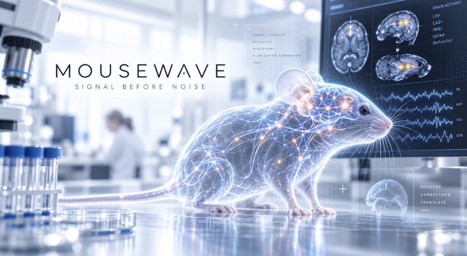A laboratory scene shows a translucent mouse with glowing neural pathways overlaid on it, beside a monitor displaying brain scans; large text reads 'MOUSEWAVE SIGNAL BEFORE NOISE'.