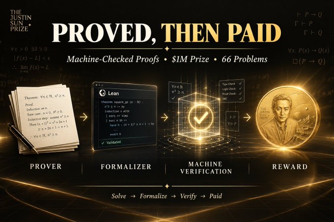 A promotional graphic for 'The Justin Sun Prize' titled 'PROVED, THEN PAID' featuring machine-checked proofs, a $1M Prize, and 66 Problems, showing the workflow from Prover to Formalizer to Machine Verification to Payment.