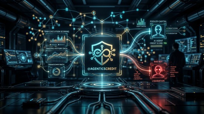 A futuristic digital graphic displaying 'AGENTICSCREDIT' at the center, surrounded by data panels including 'RAW EXECUTION SCORING', 'TRADING HISTORY DATA', 'POOLED CAPITAL', 'AI AGENT CREDIT SCORE: 78%', and 'BAD BOT' with liquidation statistics.