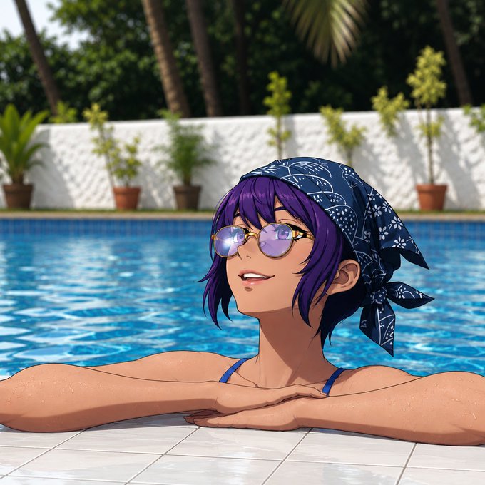 An anime-style illustration of a girl with purple hair, sunglasses, and a blue bandana relaxing in a swimming pool.