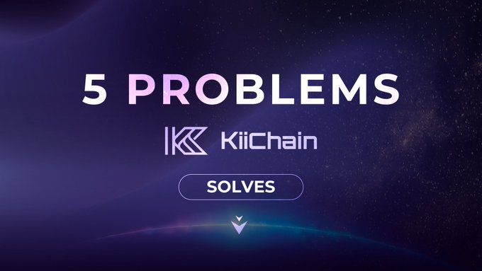 The image features a purple background with white text that reads "5 PROBLEMS Solves" at the top of the screen. Below this, there are two lines of text written in black, one reading "IKICHAIN" and another saying "KiiChain". The image also includes an illustration of a planet surrounded by stars, which is part of the KiiChain logo.