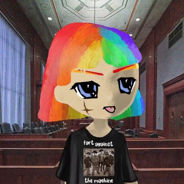 A cartoon character with rainbow-colored hair stands in a courtroom setting, wearing a black t-shirt that reads 'f*ck against the machine'.