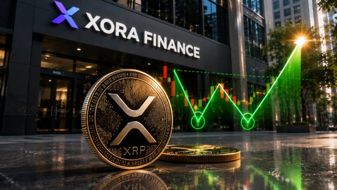 A physical XRP coin sits in front of the "XORA FINANCE" building, overlaid with a glowing green candlestick chart showing a sharp upward breakout. The imagery visually reinforces the post's message of an XRP bullish double-bottom pattern forming beneath the $1.10 resistance level, suggesting a potential rally ahead.