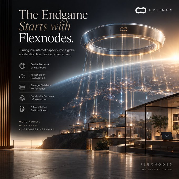 A promotional advertisement for Optimum's Flexnodes with the headline 'The Endgame Starts with Flexnodes,' highlighting features like global network, faster block propagation, and stronger validator performance.