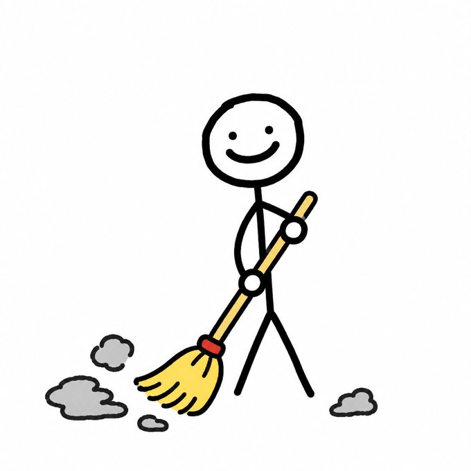 A simple cartoon drawing of a smiling stick figure holding a yellow broom and sweeping up dust clouds.