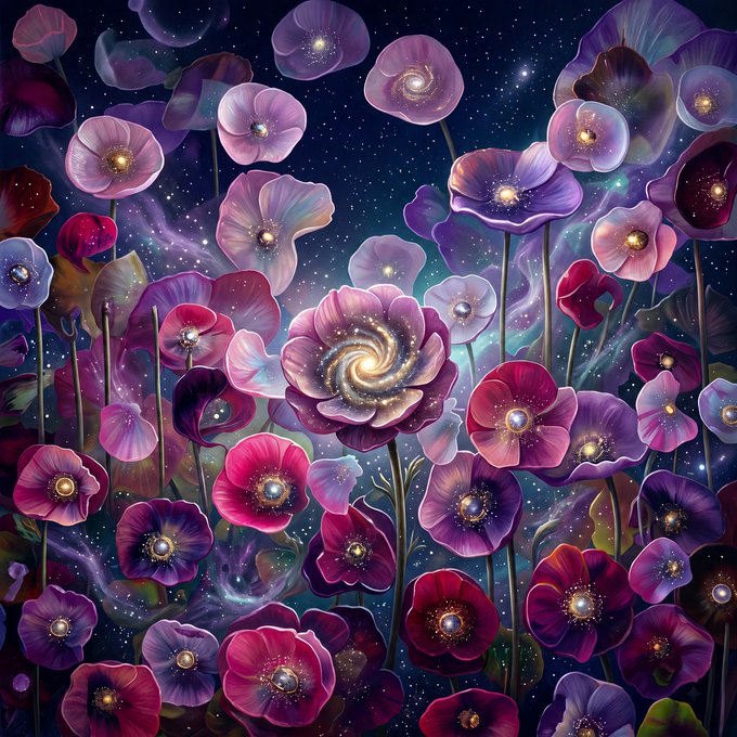 A vibrant cosmic garden of purple and magenta flowers blooms against a starry night sky, with each petal's center glowing like a swirling galaxy or pearl, echoing the surreal blend of nature and the universe that characterizes Tezos NFT art. The otherworldly scene invites viewers to mint ("QT") and share this celestial floral masterpiece, celebrating the boundless creativity found in the Tezos art community.