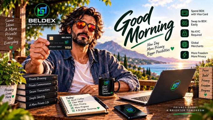 An advertisement for Beldex featuring a man with sunglasses holding a privacy-first Visa card, promoting features like private browsing and secure transactions.